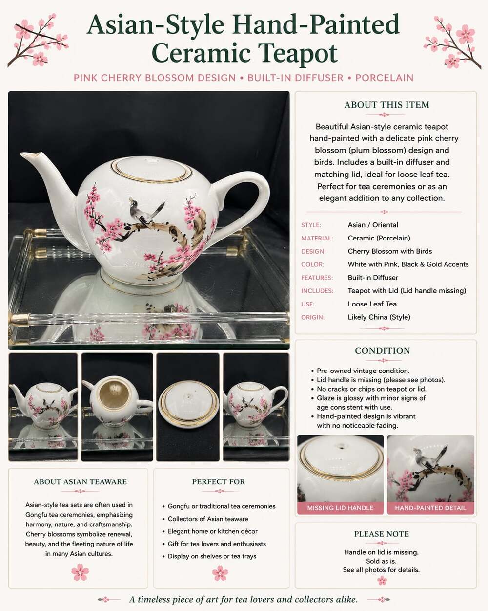 Asian-Style Hand-Painted Ceramic Teapot with Cherry Blossom and Bird Design